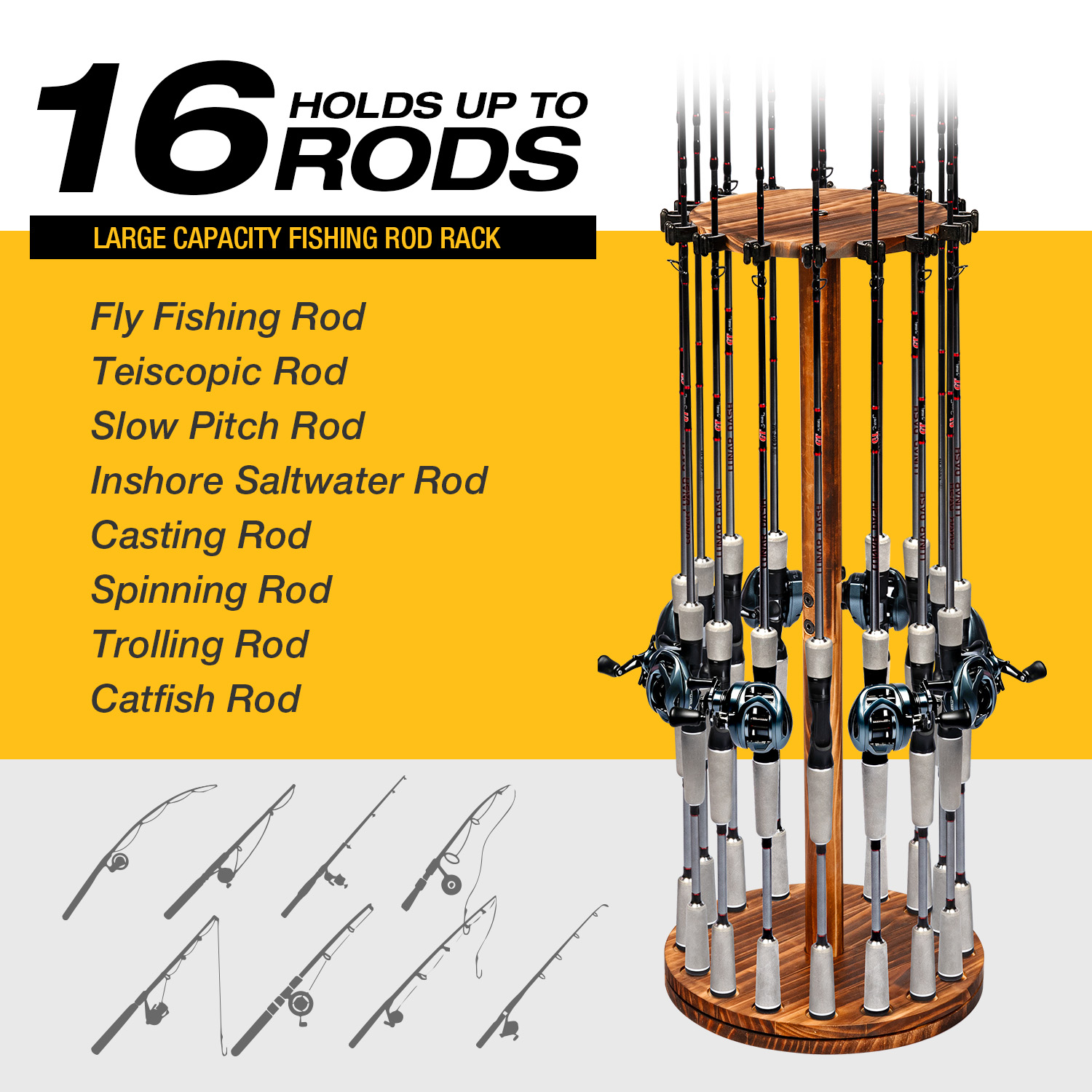 Round Carbonized Wood Fishing  - Fishing Rod Rack reseña y precio